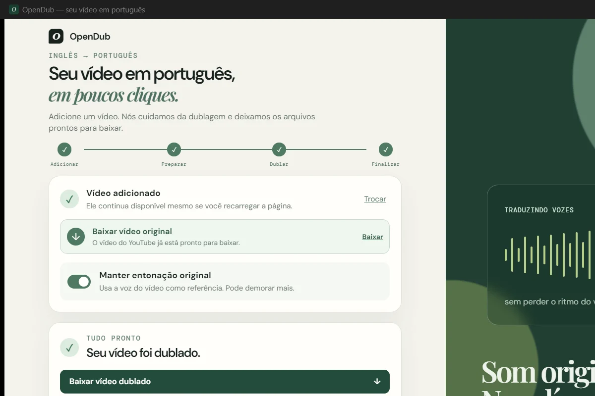 Interface do OpenDub com o vídeo já dublado e pronto para baixar